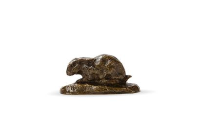 BARYE Antoine Louis, 1796-1875 
Lapin oreilles couchées
Bronze à patine brune, sur...