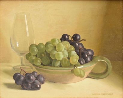 BLANCHARD Jacques, 1912-1992 
Raisins et verre
Huile sur isorel, signé en bas à droite
22x27...