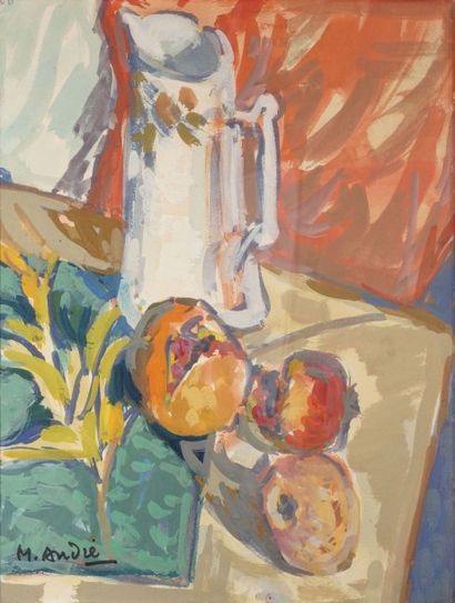 ANDRÉ Maurice, 1914-1985 
Fruits et carafe blanche
Gouache, signée en bas à gauche
35x27...
