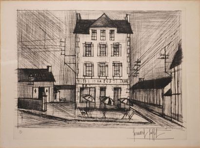 BUFFET Bernard, 1928-1999 
Hotel de la Poste aux parasols
Eau-forte en noir, n°82/100...
