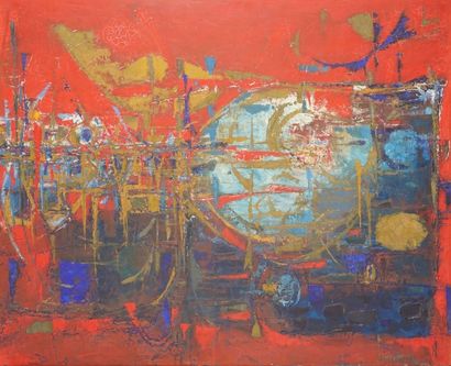 DOWNING Joe, 1925-2007 
Sans titre rouge et bleu
Peinture sur toile (craquelures),...