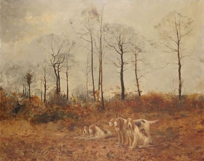 FAUVEL Georges, né en 1890 
Chiens de chasse au repos à l'automne
Huile sur toile...