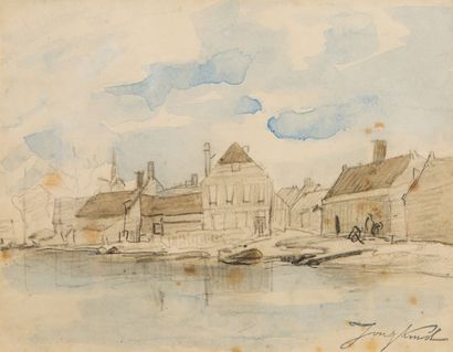 JONGKIND Johan Barthold, 1819-1891 
Maisons au bord de l'eau
Aquarelle sur traits...
