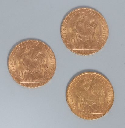 null 3 pièces en or 20 francs " Coq " ( 1 x 1907 ; 2 x 1910 ) 