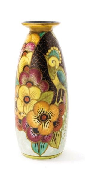 BOCH FRÈRES - KERAMIS Vase ovoïde à col ouvert. Epreuve en céramique à décor d'oiseaux...
