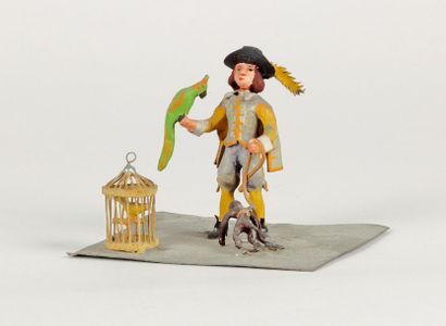 null Métiers de Paris au 17e siècle : Le montreur d'oiseaux avec son singe dressé...