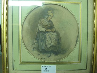 Ecole Française du XIXe siècle Portrait de femme âgée assise et cousant Crayon noir,...