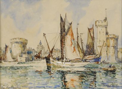 FRANK-WILL 1900-1951 Entrée du port de La Rochelle Aquarelle gouachée, signée en...