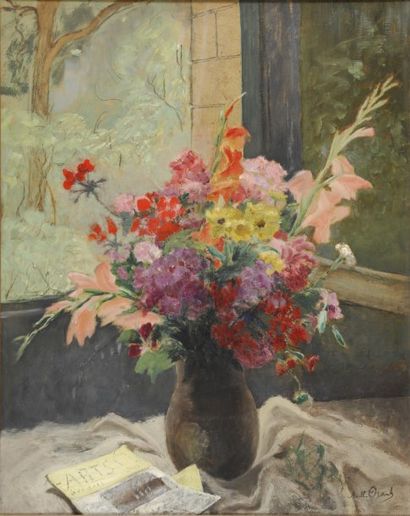 Marthe ORANT 1874-1957 Bouquet dans un intérieur Huile sur panneau, signé en bas...