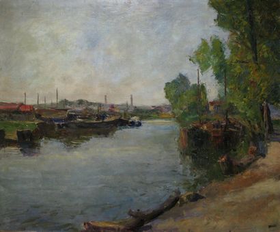 Auguste APPELLE XXe siècle Péniches au bord de rivière Huile sur toile, signée en...