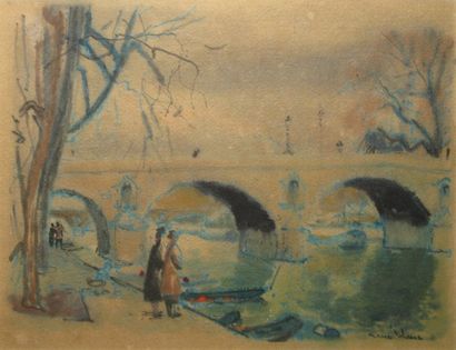 René Edouard BLANC 1906-1987 Pont sur la Seine à Paris Aquarelle (insolation), signée...