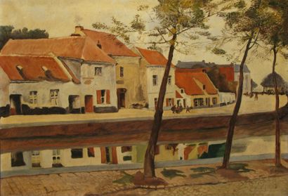 ÉCOLE MODERNE NAÏVE Bord de canal aux maisons Huile sur toile, non signée. 60 x 81...