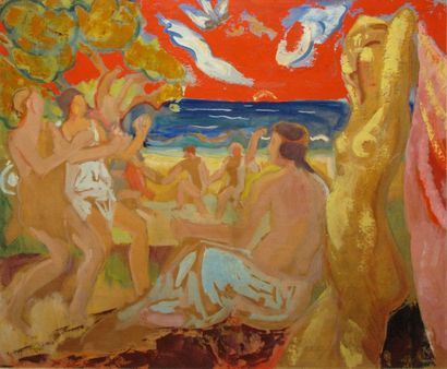 Lucien JACQUES 1891-1961 Baigneuses au crépuscule Huile sur panneau, signature usée...