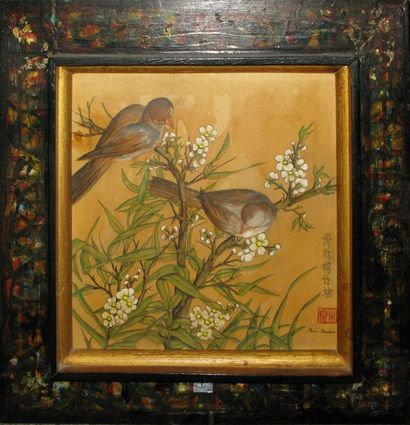 MAI-XUAN XXe siècle Deux oiseaux aux branches fleuries Peinture sur soie marouflée...