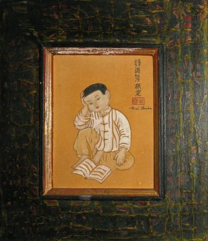 MAI-XUAN XXe siècle L'écolier Peinture sur soie marouflée sur panneau avec son cadre...