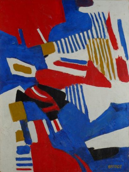 Roland BIERGE 1922-1991 Sans titre rouge et bleu Huile sur panneau, signé en bas...
