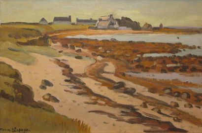 Pierre LEPAGE 1906-1983 Village breton près d'une anse Huile sur toile, signée en...