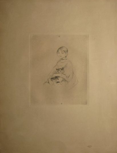 Berthe MORISOT 1841-1895 Petite fille au chat (Julie Manet) Pointe-sèche (insolation...