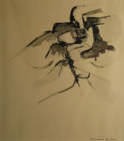 Bernard DUFOUR né en 1932 Sans titre Plume et lavis d'encre noire sur papier beige,...