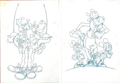 null Ensemble de deux dessins sur le thème du sport. Mickey, Minnie, Horace et Goofy...