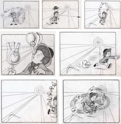 null PETIT MINEUR - ORANGINA Finale cinéma, années 1980. 11 dessins de storyboards....