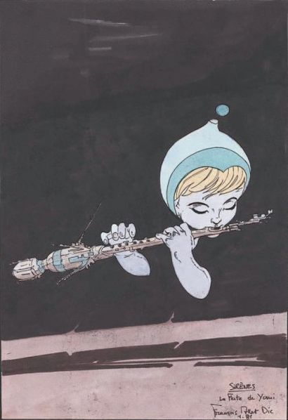 null ULYSSE 31 DIC, 1978. Superbe dessin en couleur de Thémis jouant de la flûte....