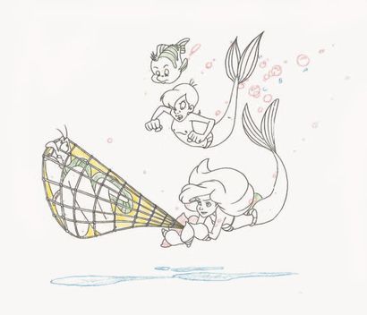 null LA PETITE SIRÈNE Studio Walt Disney. Dessin d'animation d'Ariel et Polochon,...