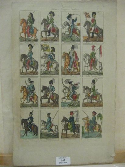 null Militaires etrangers - Cavalerie Eau forte aquarellee vers 1800. 16 cavaliers...