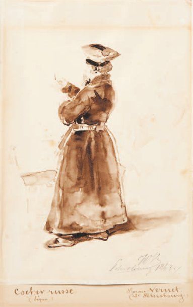Horace VERNET (1789 -1863) Cocher russe Lavis d'encre brune (rousseurs). Signe des...