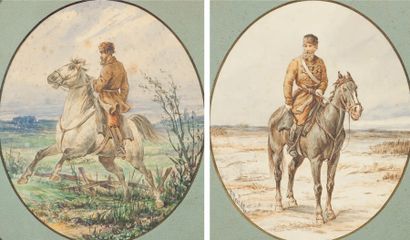 Edward Evfras GUSTAVOVITCH TEIKH (1832 - ) Chasseur a cheval Paire d'aquarelles de...