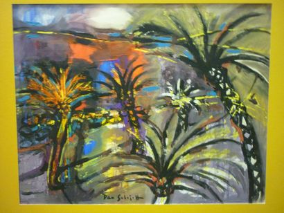 Dan SOLOJOFF (1908-1994) Les palmiers a Nice vers 1960 Gouache. Signee en pied. 46,5...