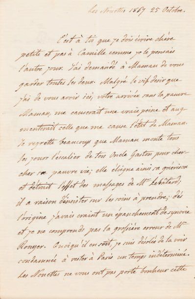 Sophie ROSTOPCHINE, Comtesse de Segur (1799-1874) 

Lettre autographe, les Nouettes...