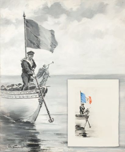 Leon COUTURIER (1842-1935) Peintre officiel de la Marine Marin dans une chaloupe...