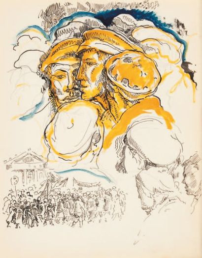 SERGE FOTINSKY (1887 - 1971) Boris Pasternak et la foule a Moscou Encre et aquarelle...