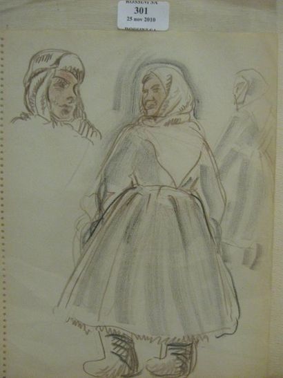 SERGE FOTINSKY (1887 - 1971) Trois personnages en hiver Crayon deux couleurs. 21...
