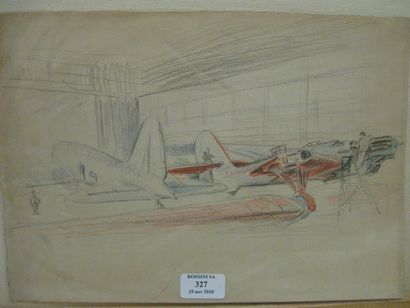 Serge FOTINSKY (1887 - 1971) Antonof 25 dans un hangar Crayon et crayon de couleurs....