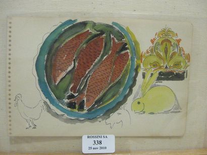 Serge FOTINSKY (1887 - 1971) Coq, poisson, chevre et lapin Encre et gouache. 21 x...