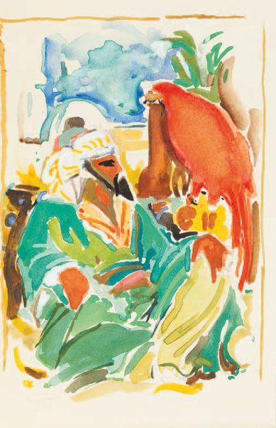 Serge FOTINSKY (1887 - 1971) Oriental au perroquet, vers 1930 Gouache. 10,5 x 16...