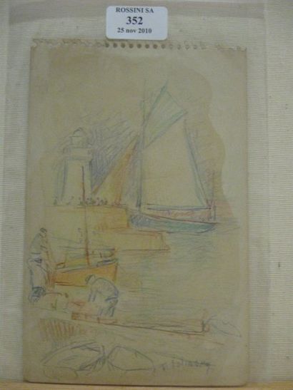 Serge FOTINSKY (1887 - 1971) Bretagne, le phare du port, vers 1940 Crayon de couleurs....