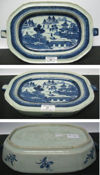 ASIE Chauffe-plat octogonal, en porcelaine à décor en bleu sous couverte d'un paysage...