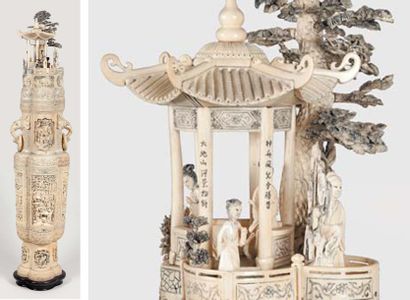 ASIE Important vase couvert en ivoire, de forme balustre quadri - lobée. Le décor...