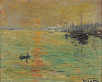 Georges FERRO LA GRÉE Soleil couchant sur la Seine Huile sur toile, signée en bas...