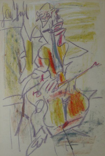 null Le violoncelliste Dessin au crayolor, signé en haut à gauche. 29,5 x 21 cm.