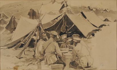 Nikolai Semenovich SAMOKISH Bivouac militaire Plume et lavis d'encre noire sur papier...