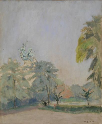 BENN Du côté du Grand Palais, vue du jardin des Champs Elysées Huile sur carton toilé,...