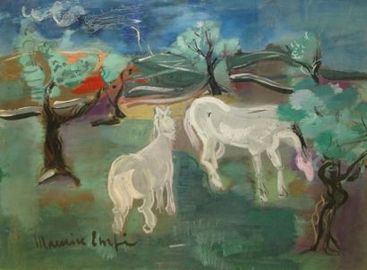 Maurice EMPI Chevaux blancs aux oliviers Gouache (déchirures et restaurations sur...