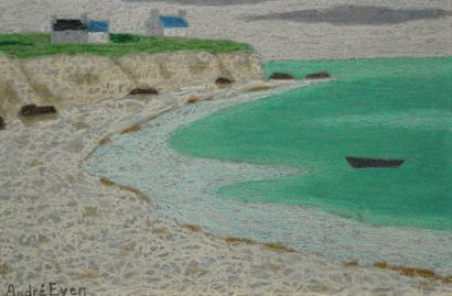 André EVEN La plage à Trévignon, Finistère Peinture à l'encaustique sur papier marouflé...