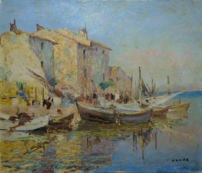 Henri OLIVE-TAMARI Barques de pêcheurs au soleil Huile sur toile, signée en bas à...