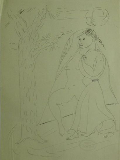Lucien COUTAUD Figures à l'arbre Plume et encre brune (traces de plis), cachet "Fond...