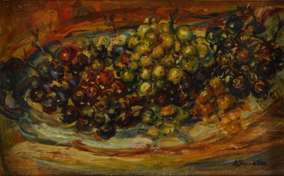 Berthe SOURDILLON Assiette de raisin Huile sur toile, signée en bas à droite, cachet...